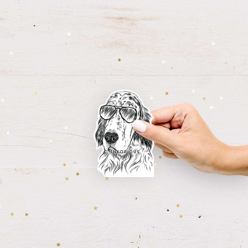Hand-drawn sketch of Hutch the English Setter wearing aviator sunglasses on a decal sticker