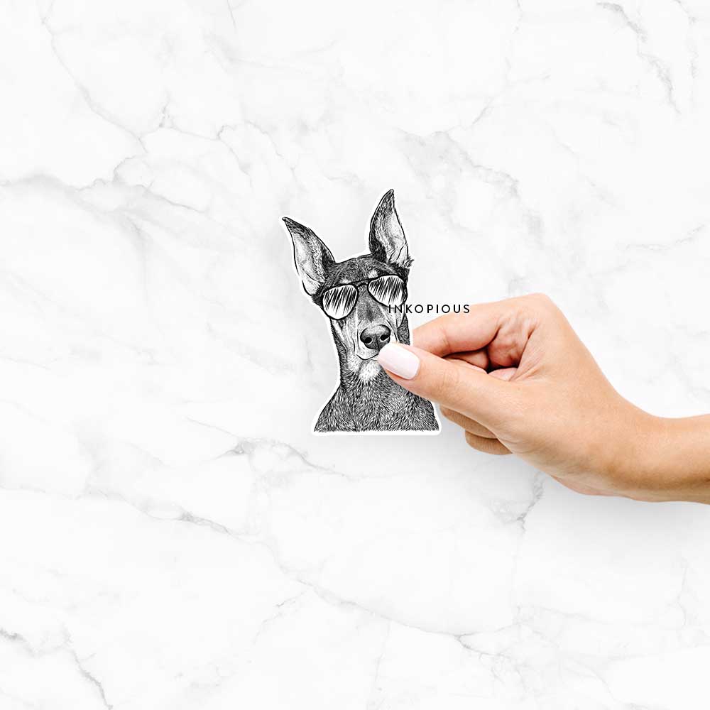 Hand-drawn sketch of Jenna the Doberman Pinscher wearing aviator sunglasses on a Jenna Dob decal sticker