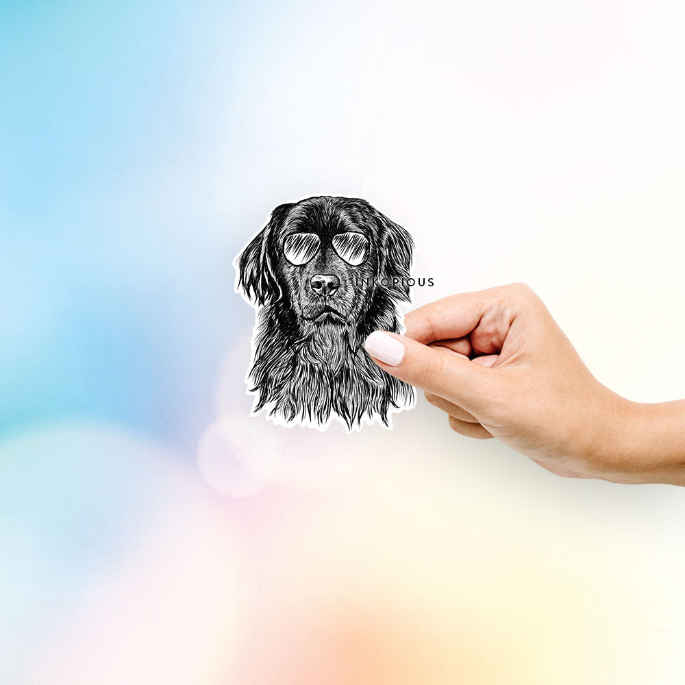 Hand-drawn sketch of Jinx the Newfoundland wearing aviator sunglasses on a decal sticker