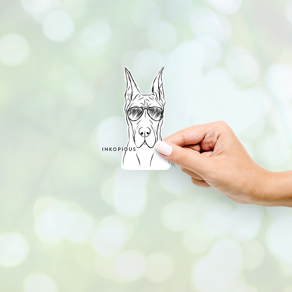 Hand-drawn sketch of Jude the Great Dane wearing aviator sunglasses on a Sticker decal sticker
