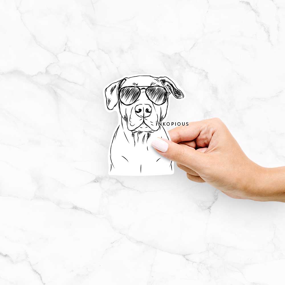 Hand-drawn sketch of Kadin the Pitbull wearing aviator sunglasses on a decal sticker