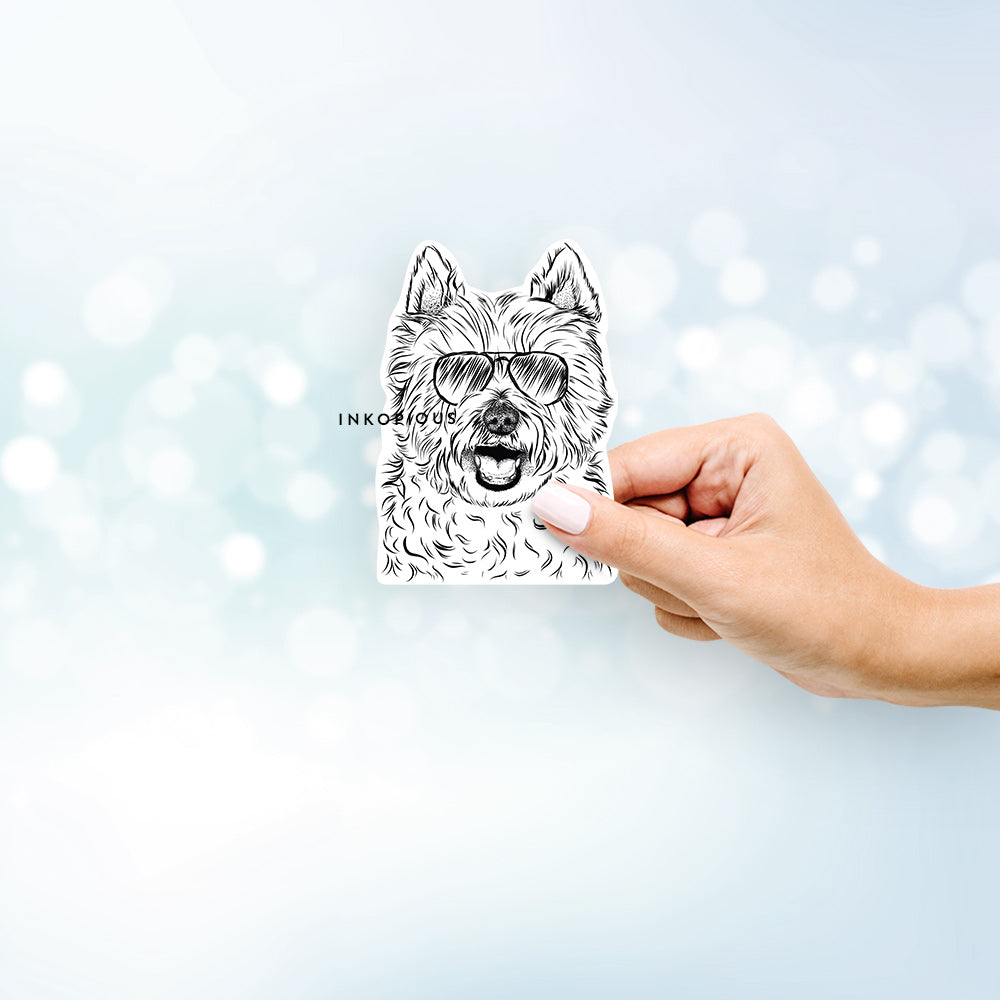 Hand-drawn sketch of Kami the West Highland Terrier wearing aviator sunglasses on a decal sticker