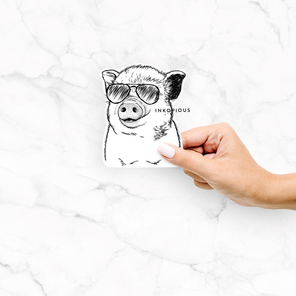 Hand-drawn sketch of Kevin the Spotted Pig wearing aviator sunglasses on a Kevin Spotted Pig decal sticker
