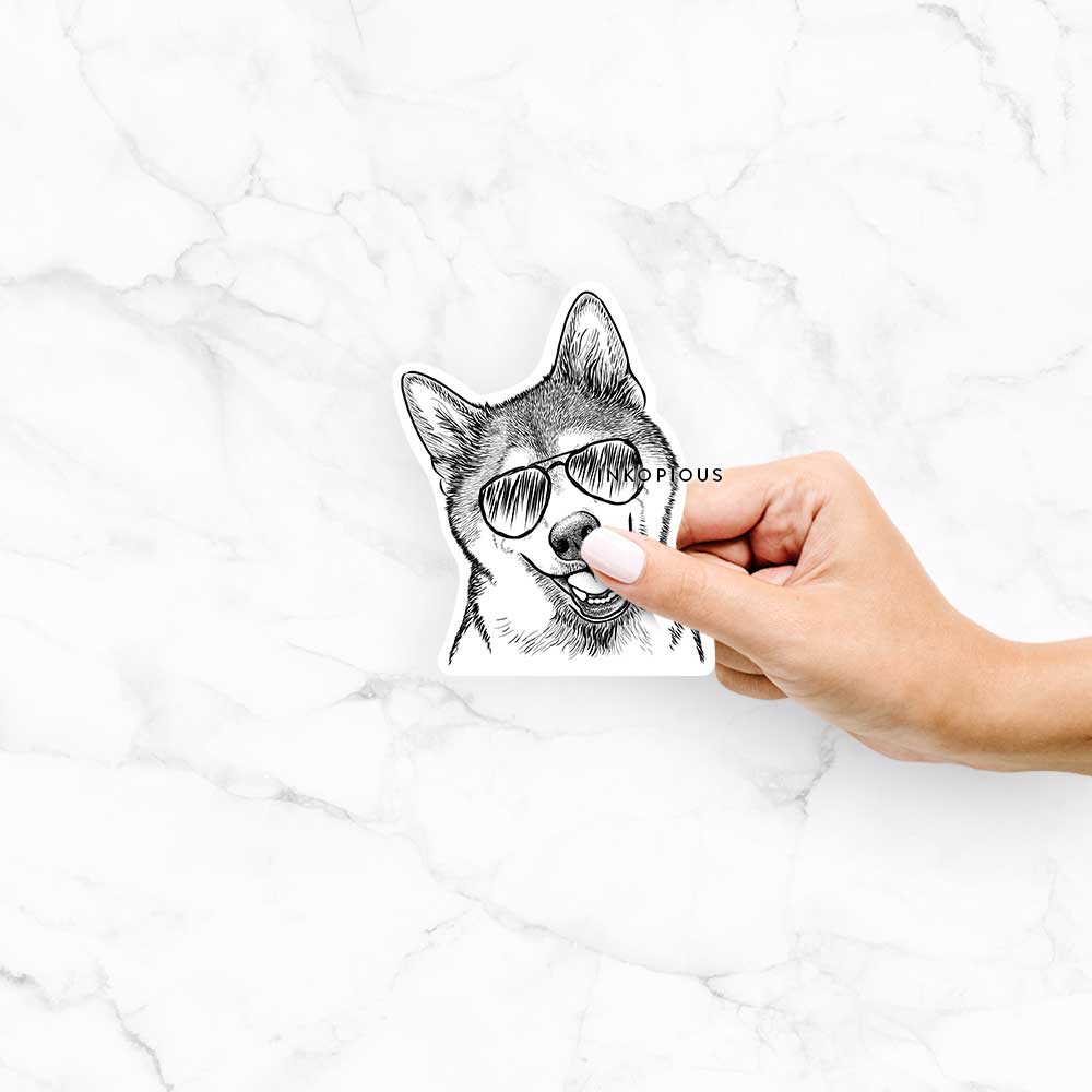 Hand-drawn sketch of Koby the Shiba Inu wearing aviator sunglasses on a Koby Shiba decal sticker