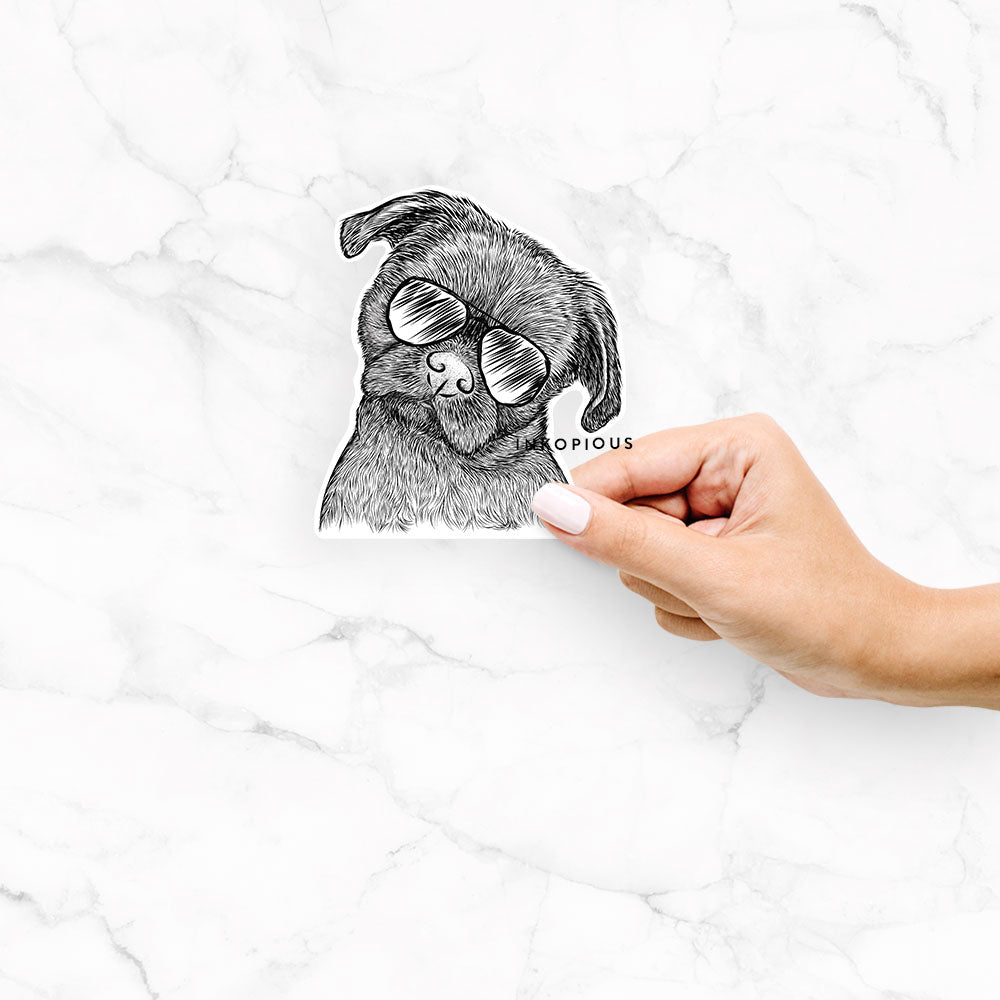 Hand-drawn sketch of Koko the Shih Tzu wearing aviator sunglasses on a Koko Shih Tzu decal sticker