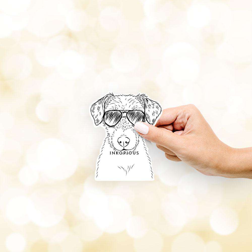 Hand-drawn sketch of Kozmo the Jack Russell Terrier wearing aviator sunglasses on a JRT decal sticker
