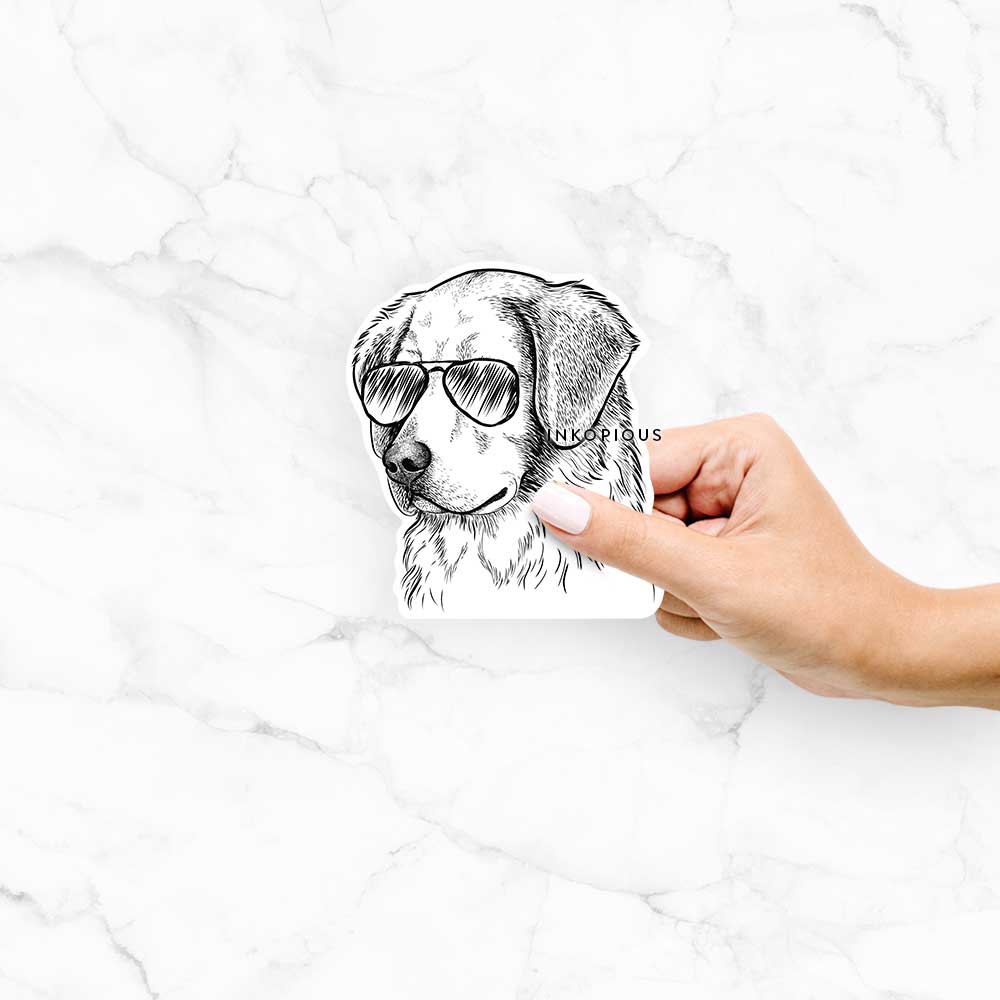 Hand-drawn sketch of Kula the Golden Retriever wearing aviator sunglasses on a Kula Golden decal sticker