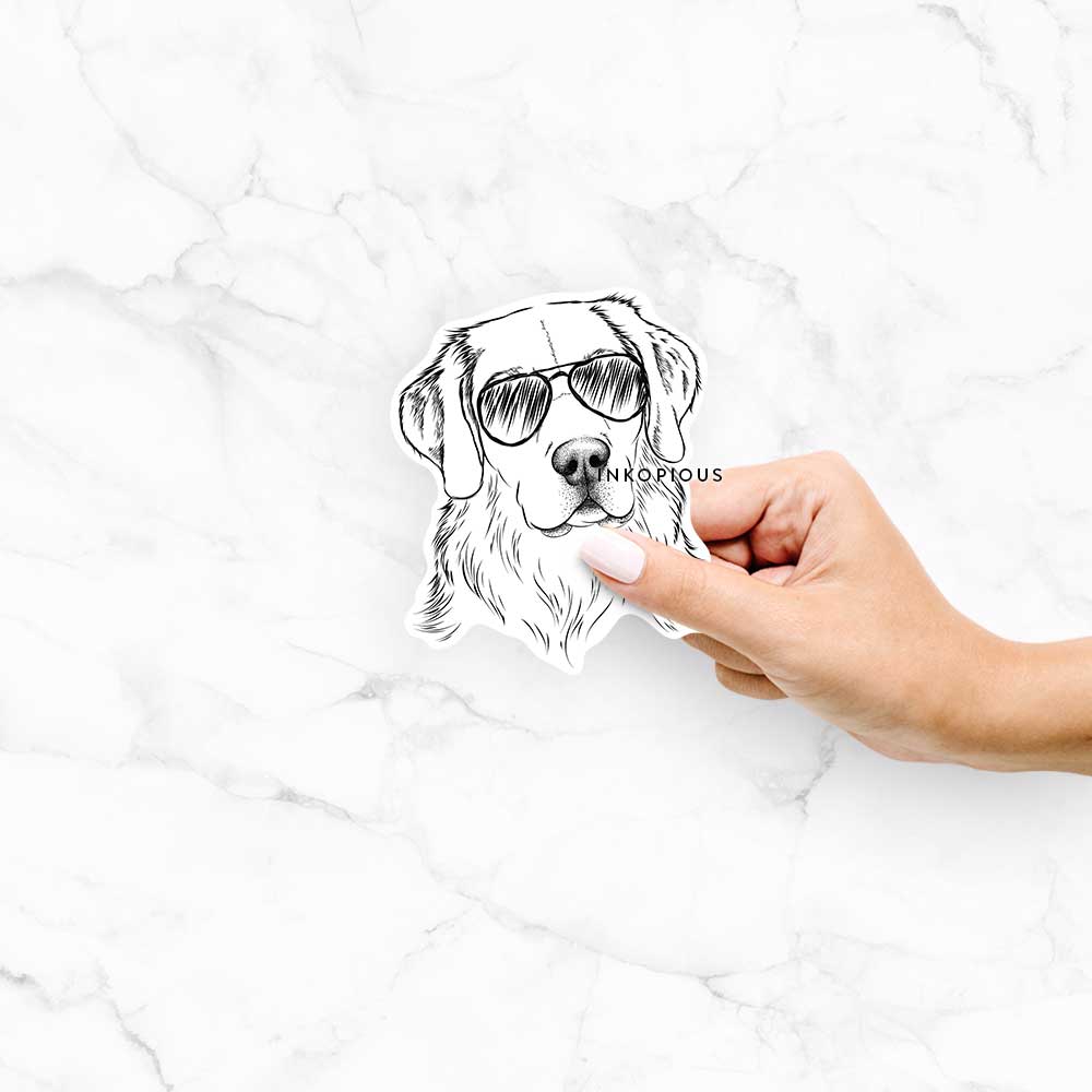 Hand-drawn sketch of Kula the Golden Retriever wearing aviator sunglasses on a Kula Golden Retriever decal sticker