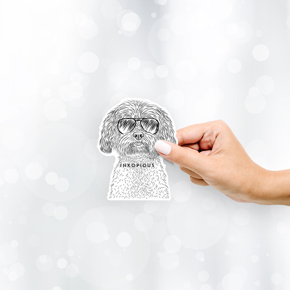 Hand-drawn sketch of Lane the Lhasa Apso wearing aviator sunglasses on a decal sticker