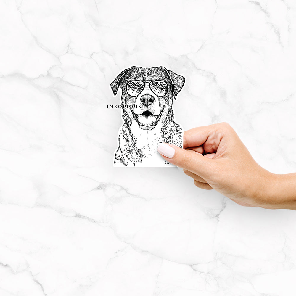 Hand-drawn sketch of Leon the Greater Swiss Mountain Dog wearing aviator sunglasses on a decal sticker