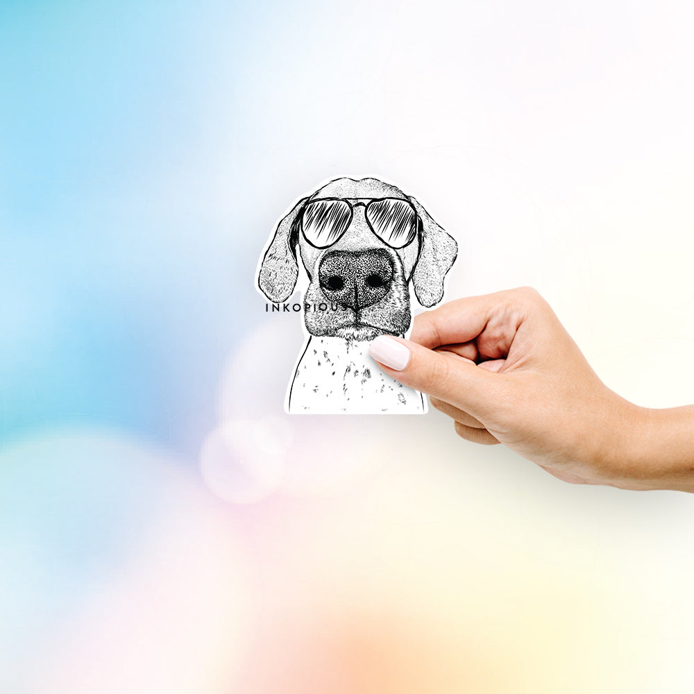 Hand-drawn sketch of Leroy the German Shorthaired Pointer wearing aviator sunglasses on a decal sticker