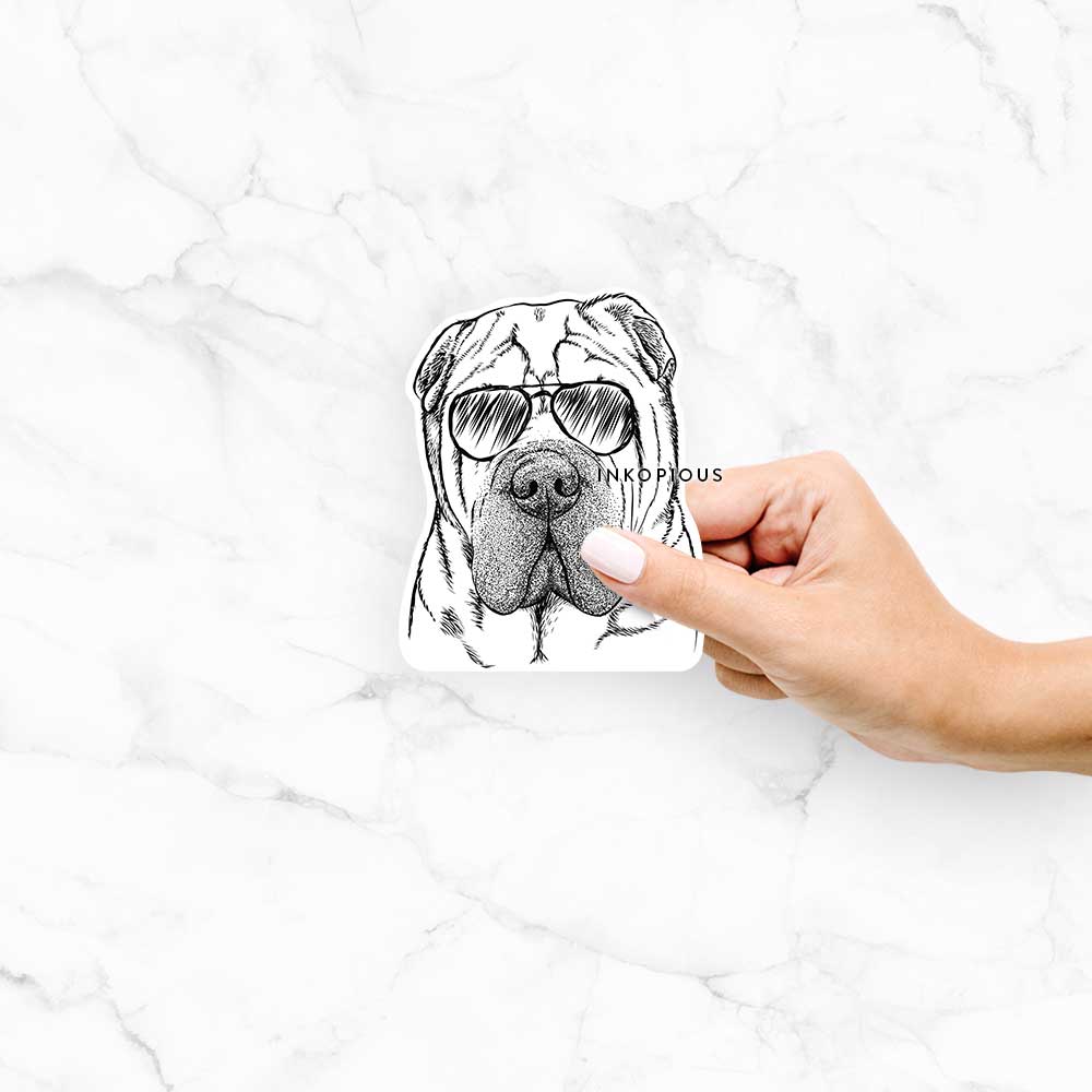Hand-drawn sketch of Lilly the Shar Pei wearing aviator sunglasses on a Lily Shar Pei decal sticker