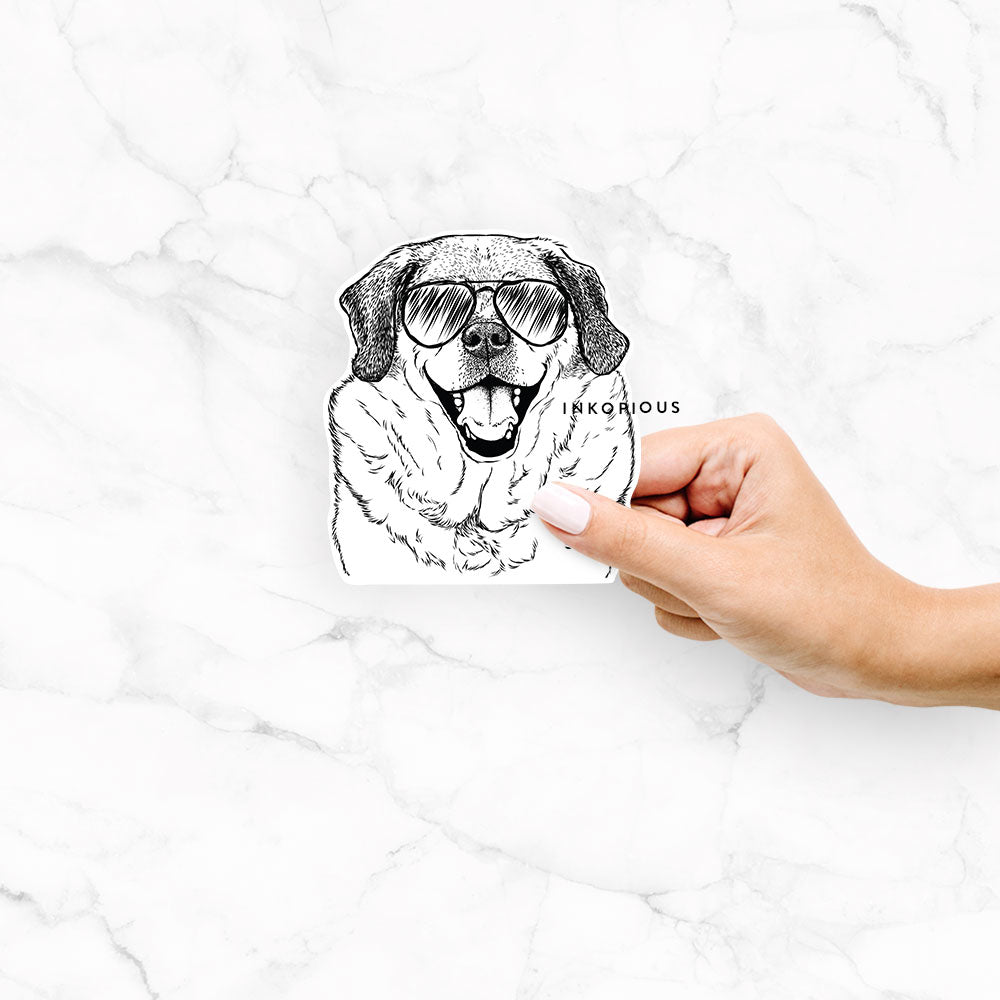 Hand-drawn sketch of LIttle Man the Puggle wearing aviator sunglasses on a Little Man Puggle decal sticker