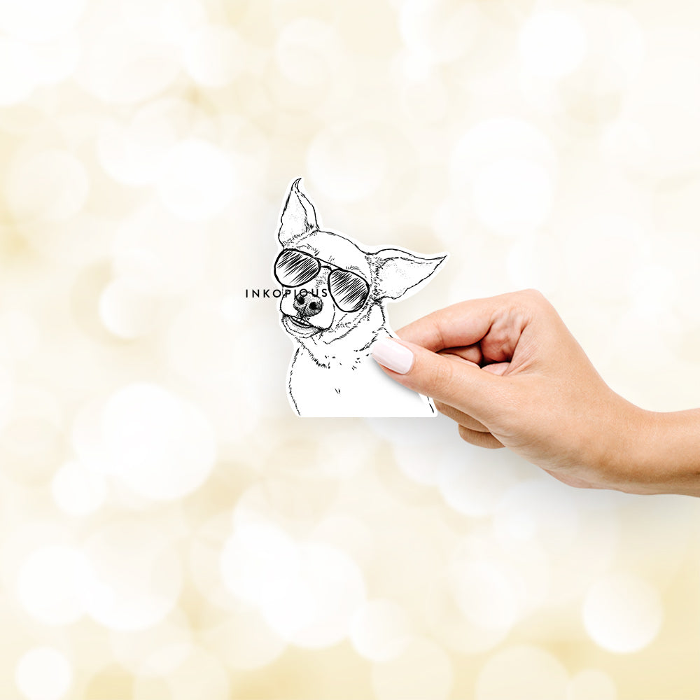 Hand-drawn sketch of Lola the Chiweenie wearing aviator sunglasses on a decal sticker