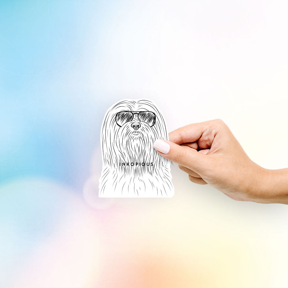Hand-drawn sketch of Lorenzo the Lhasa Apso wearing aviator sunglasses on a decal sticker