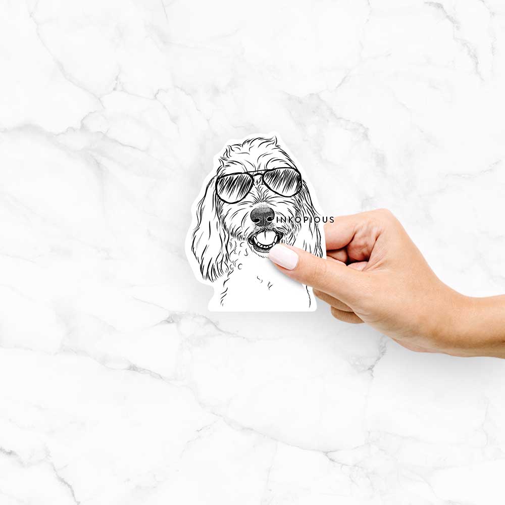 Hand-drawn sketch of Louie the Coton de Tulear wearing aviator sunglasses on a Louie Coton decal sticker