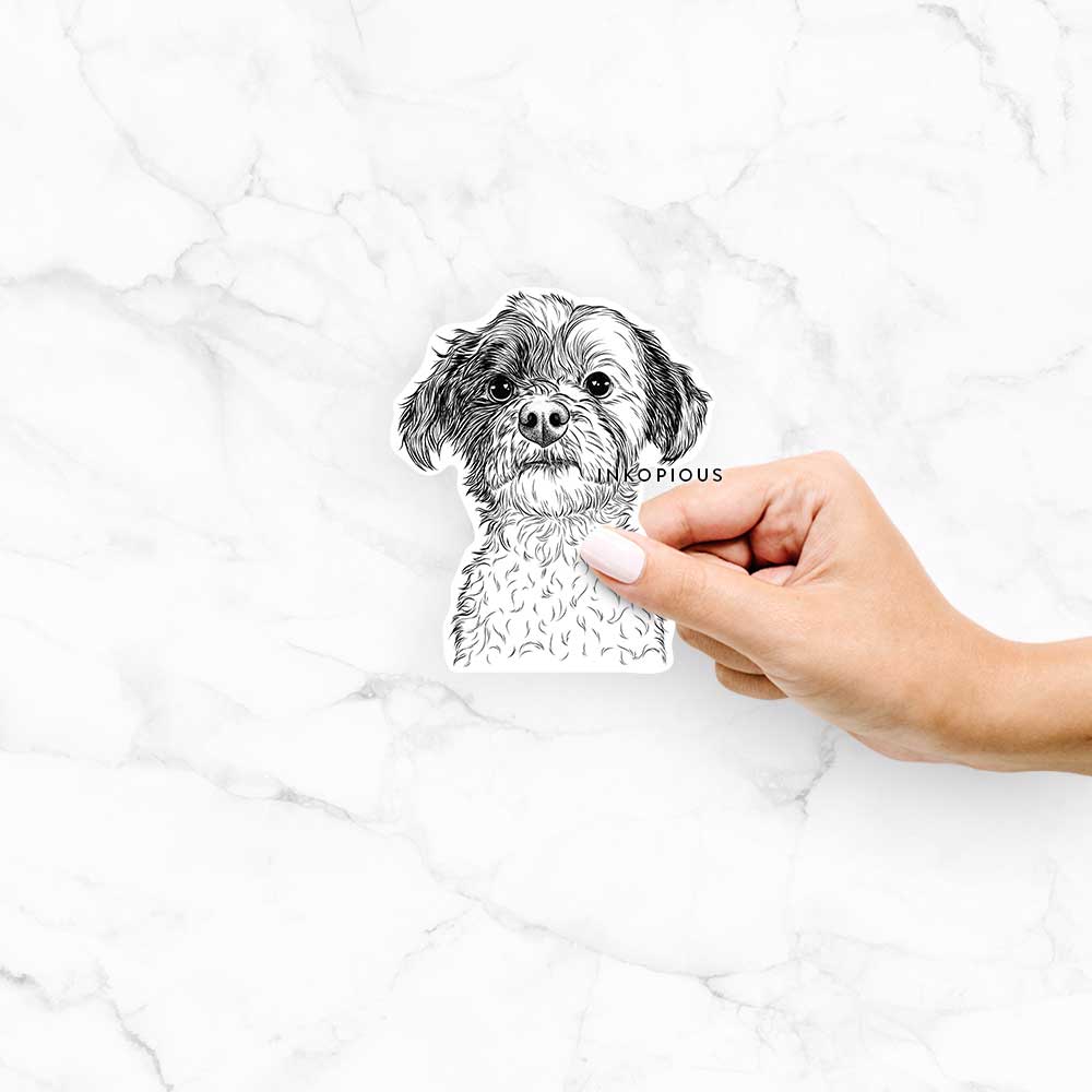 Hand-drawn sketch of Louise the Havanese wearing aviator sunglasses on a Louise Havanese decal sticker