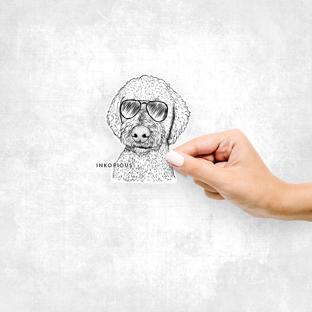Hand-drawn sketch of Lucy Boo the Goldendoodle wearing aviator sunglasses on a Sticker decal sticker