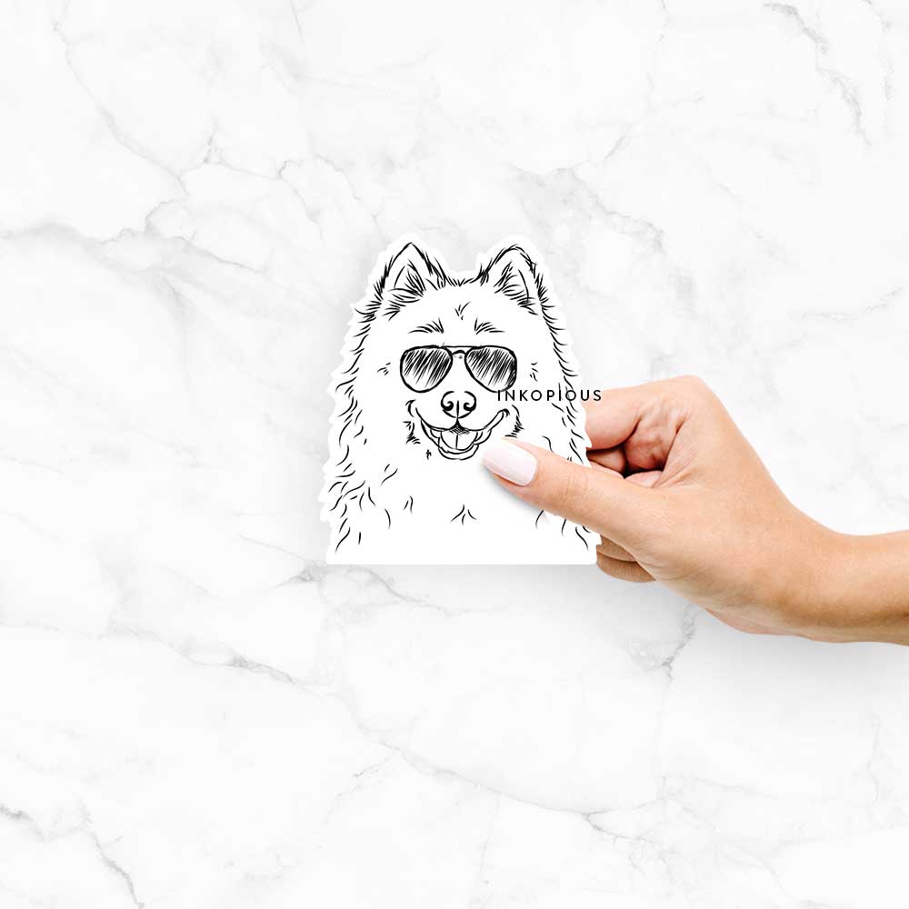 Hand-drawn sketch of Luka the Samoyed wearing aviator sunglasses on a decal sticker