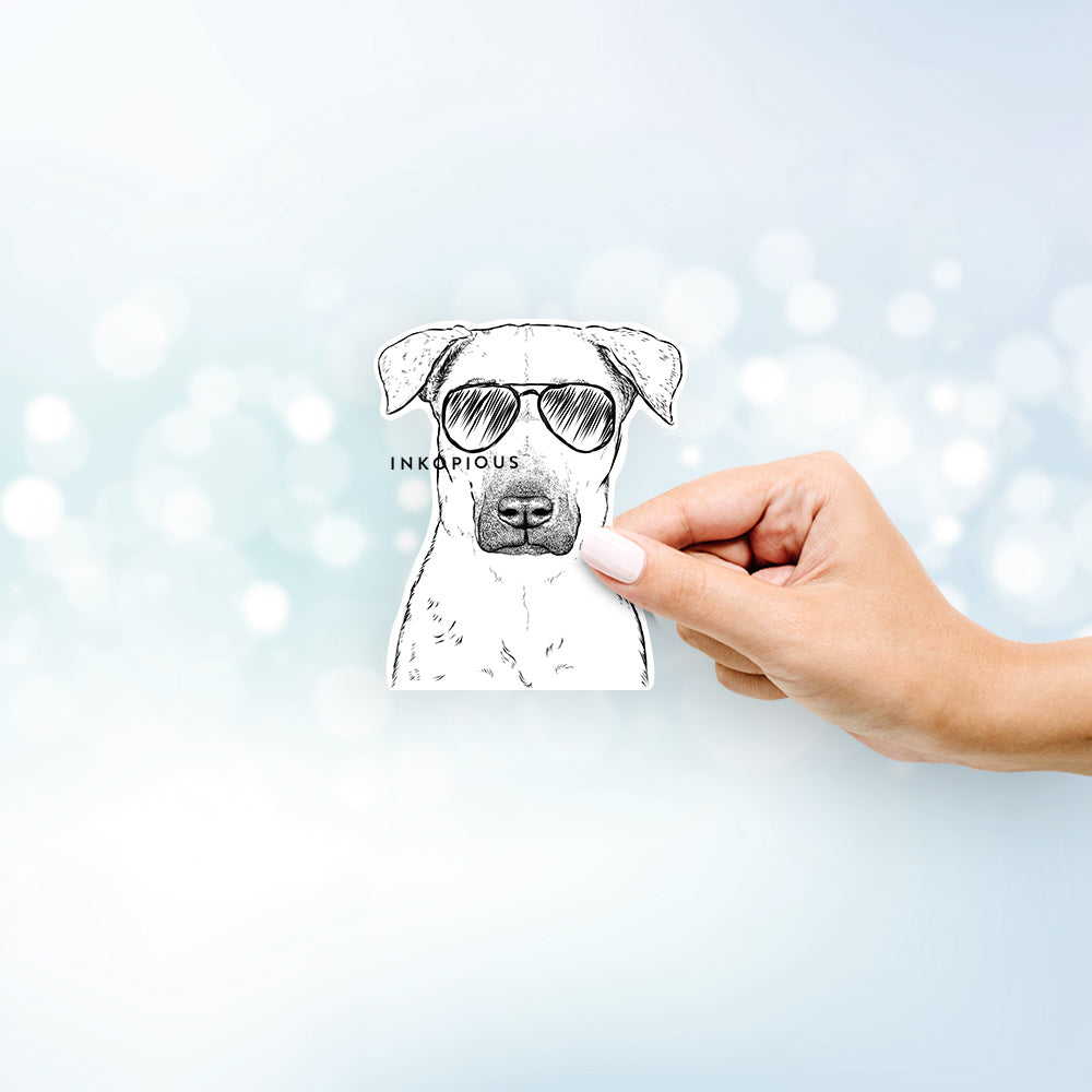 Hand-drawn sketch of Luna the Black Mouth Cur wearing aviator sunglasses on a decal sticker