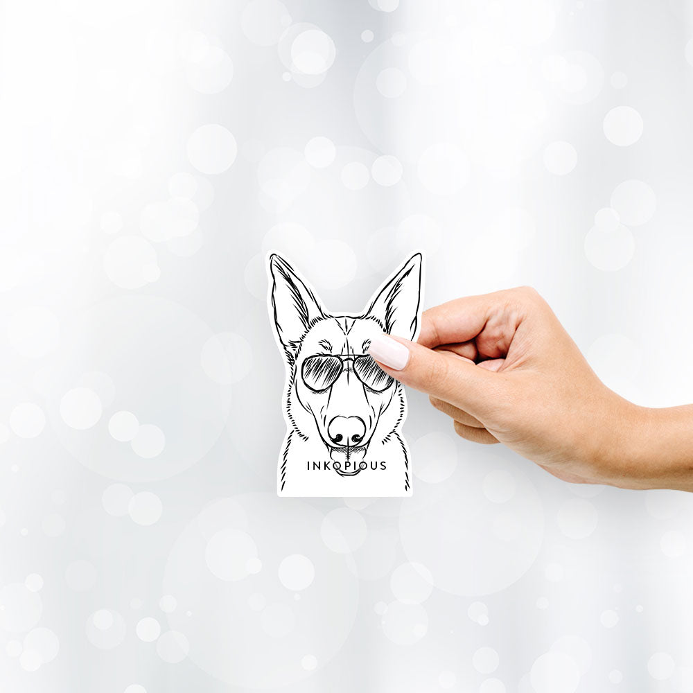 Hand-drawn sketch of Lyric the Belgian Malinois wearing aviator sunglasses on a decal sticker