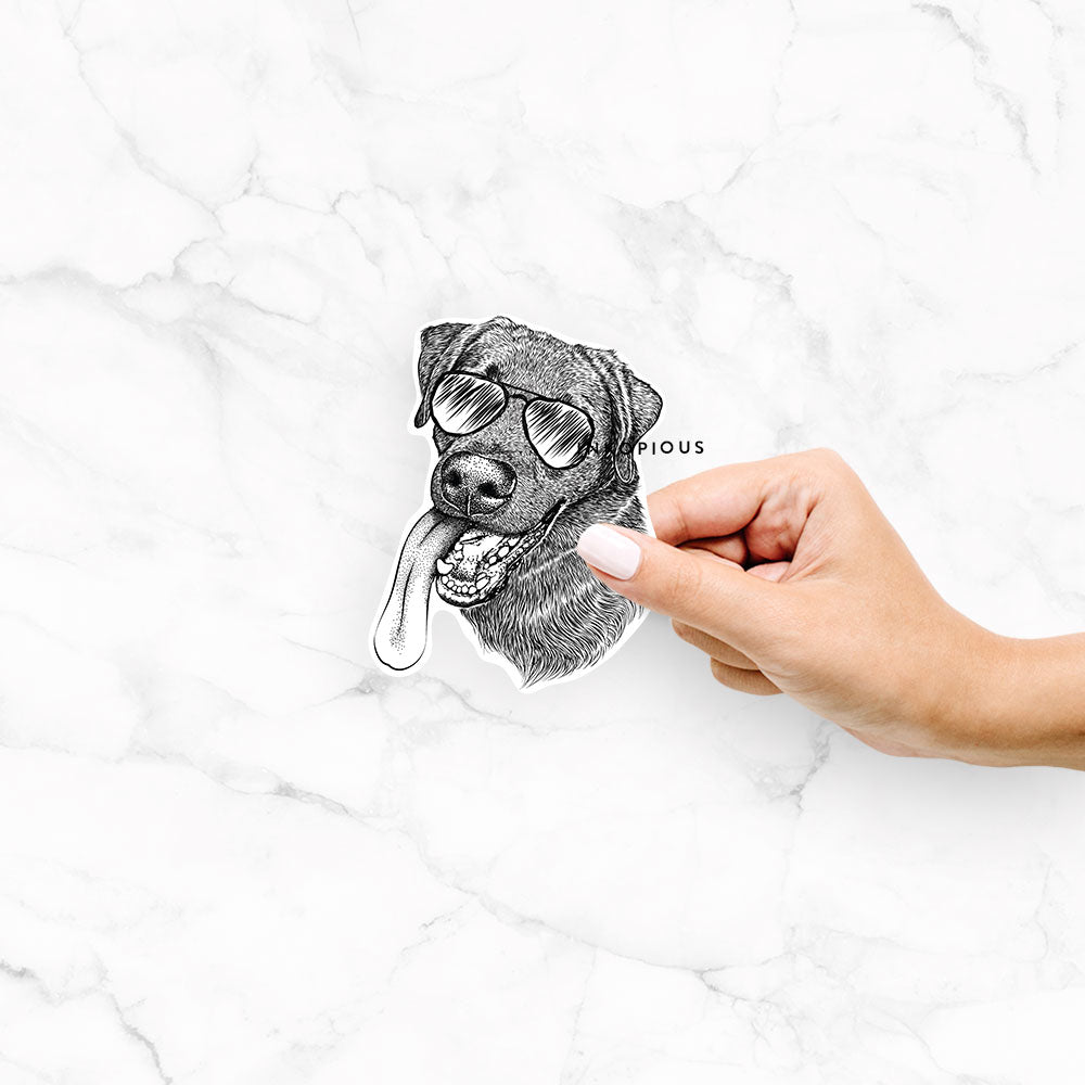 Hand-drawn sketch of Macaroni the Lab Mix wearing aviator sunglasses on a Macaroni Lab Mix decal sticker