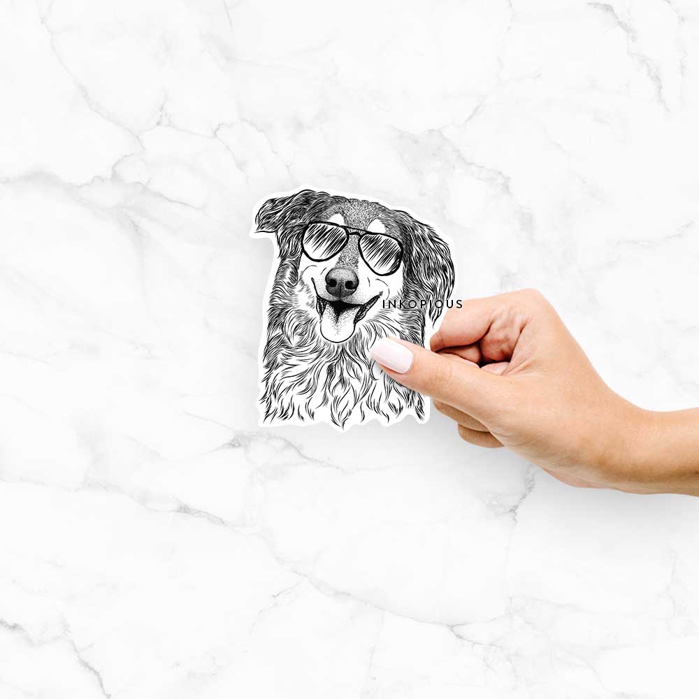 Hand-drawn sketch of Maddie the English Shepherd wearing aviator sunglasses on a Maddie English Shepherd decal sticker