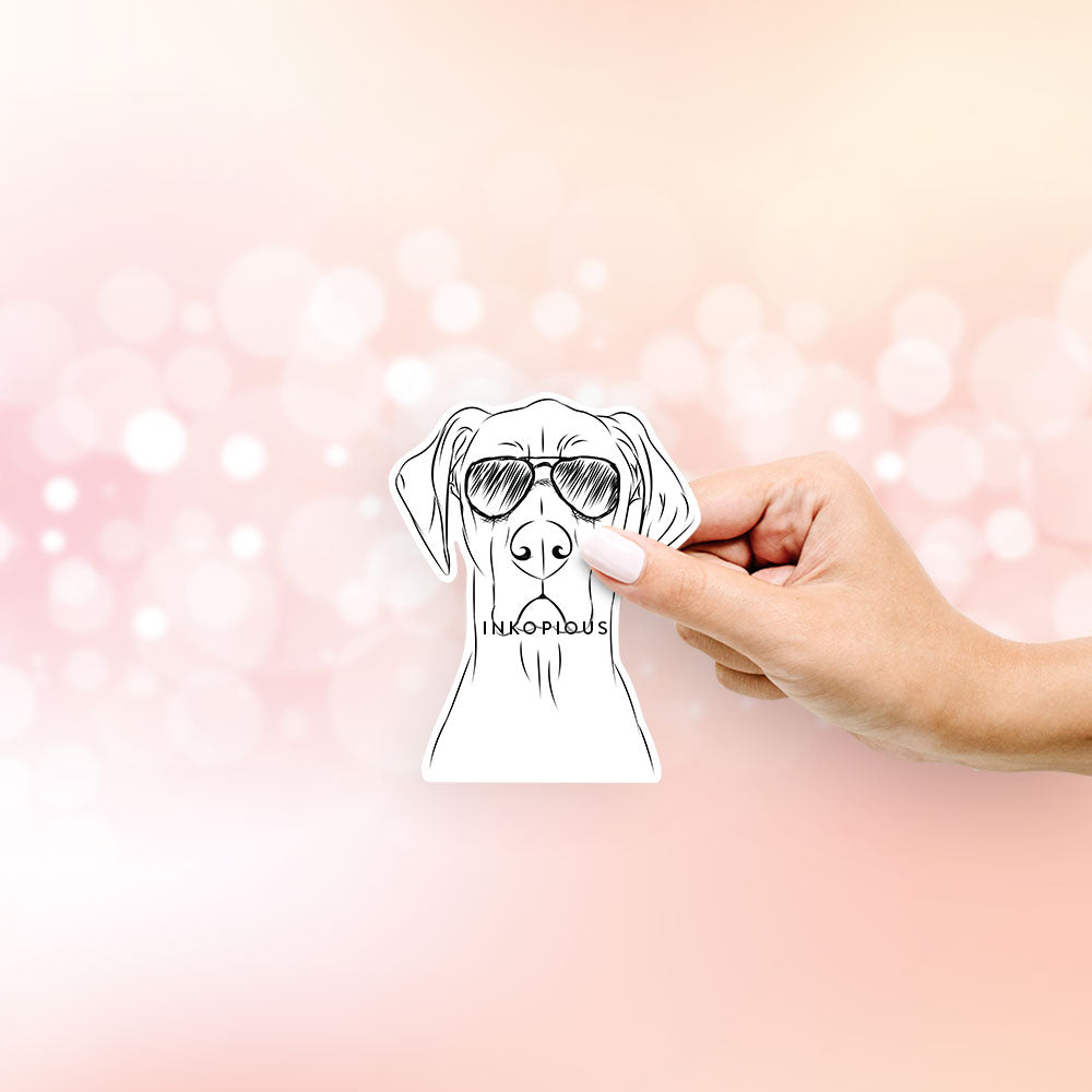 Hand-drawn sketch of Maddox the Great Dane wearing aviator sunglasses on a decal sticker