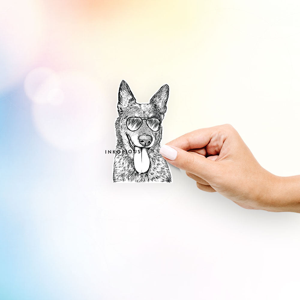 Hand-drawn sketch of Madison the Blue Heeler wearing aviator sunglasses on a decal sticker