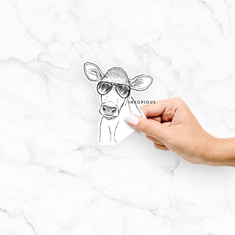 Hand-drawn sketch of Malu the Cow- wearing aviator sunglasses on a Malu Cow decal sticker