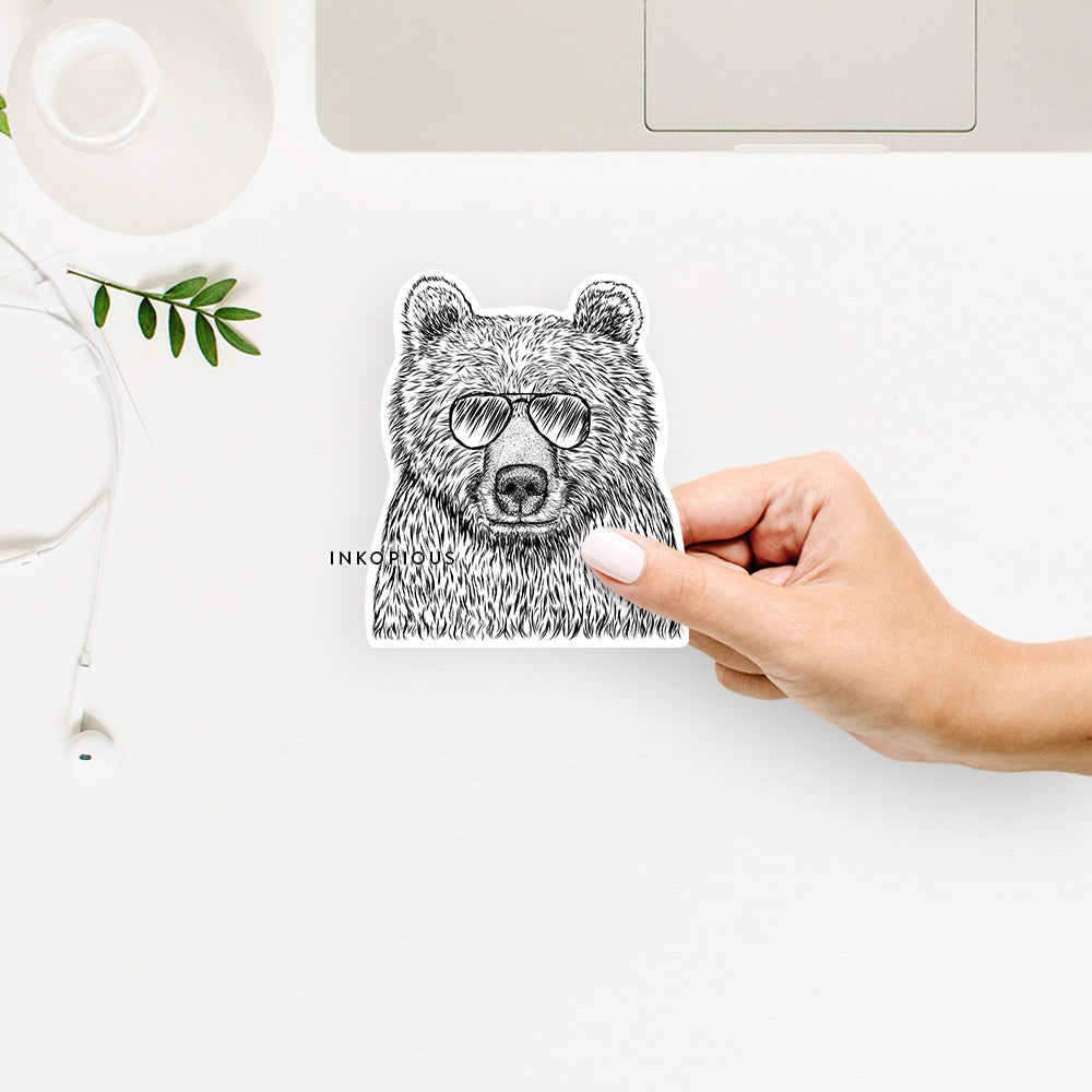 Hand-drawn sketch of Mama Bear the Grizzly Bear wearing aviator sunglasses on a Sticker decal sticker