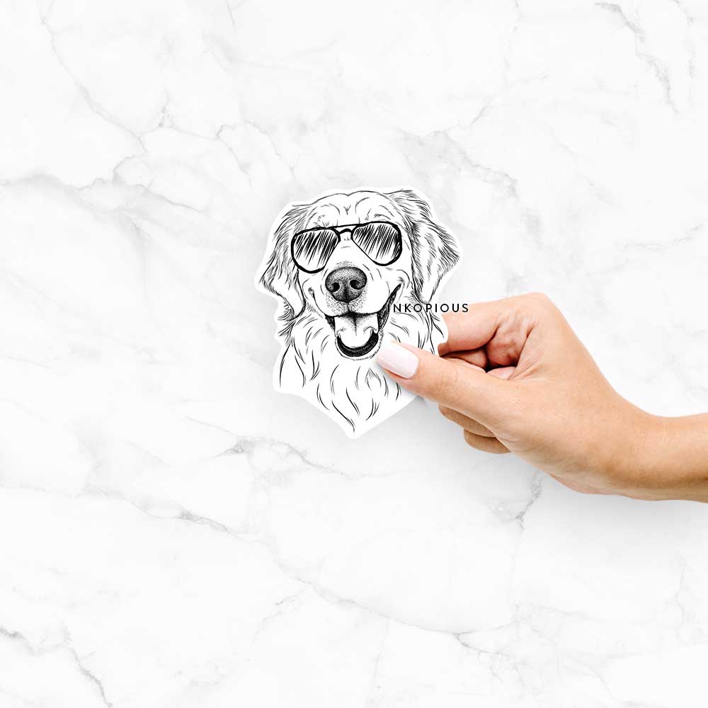 Hand-drawn sketch of Maple the Golden Retriever wearing aviator sunglasses on a Maple Golden decal sticker