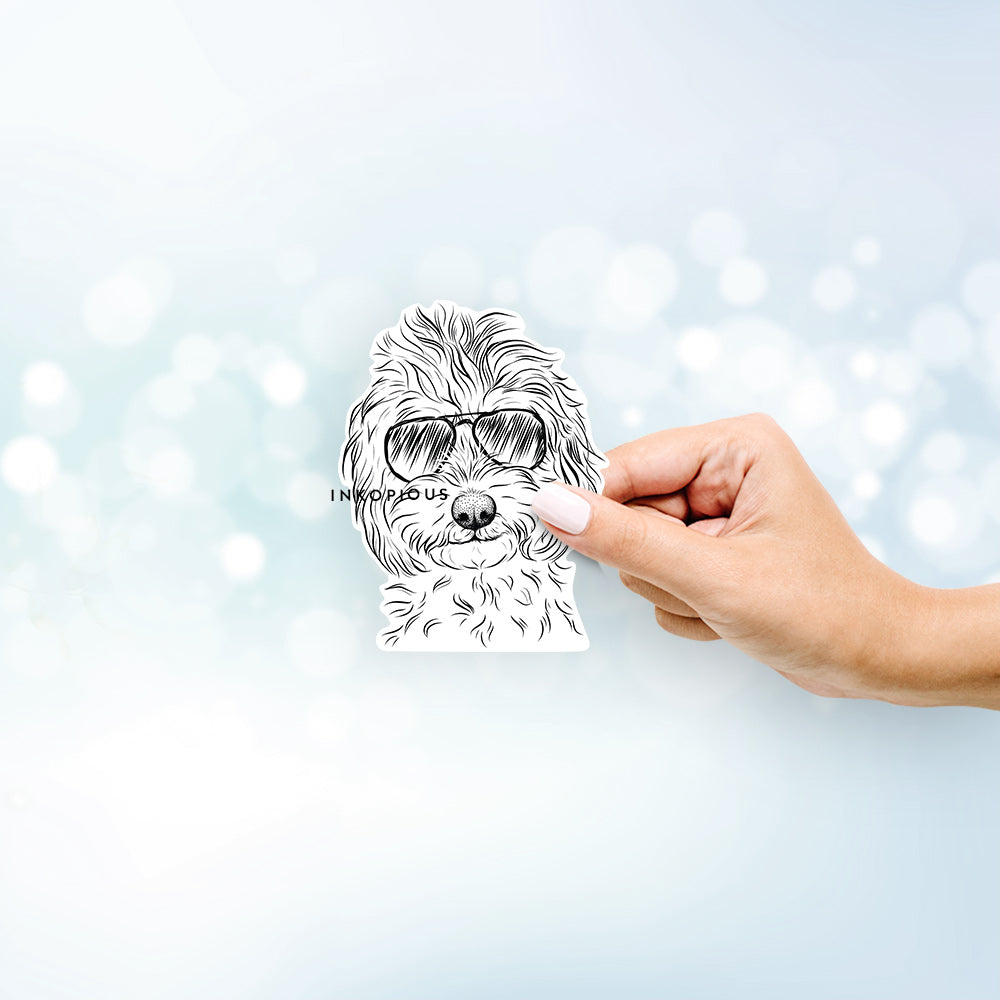 Hand-drawn sketch of Mason the Cavapoo wearing aviator sunglasses on a decal sticker