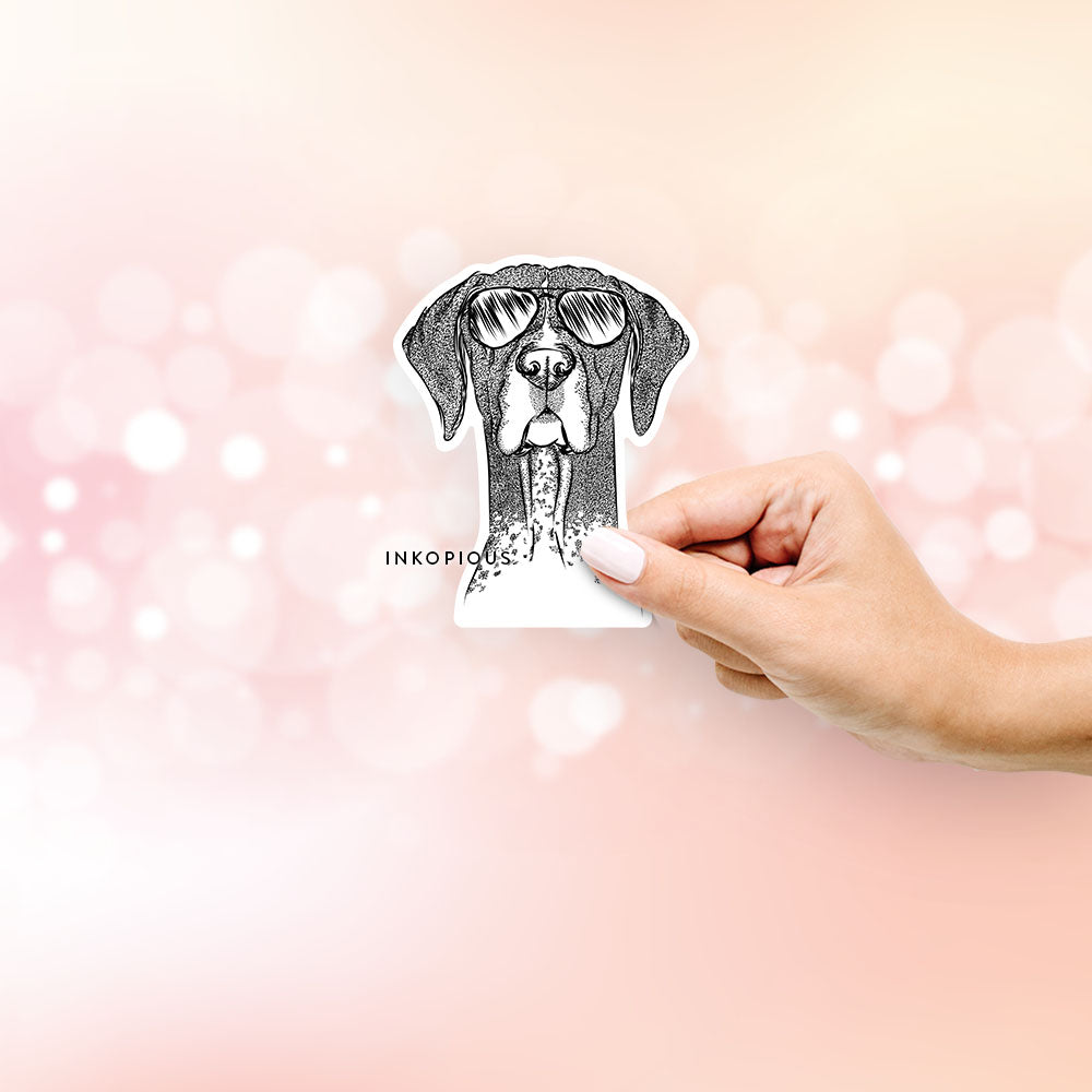 Hand-drawn sketch of Mattis the German Shorthaired Pointer wearing aviator sunglasses on a decal sticker