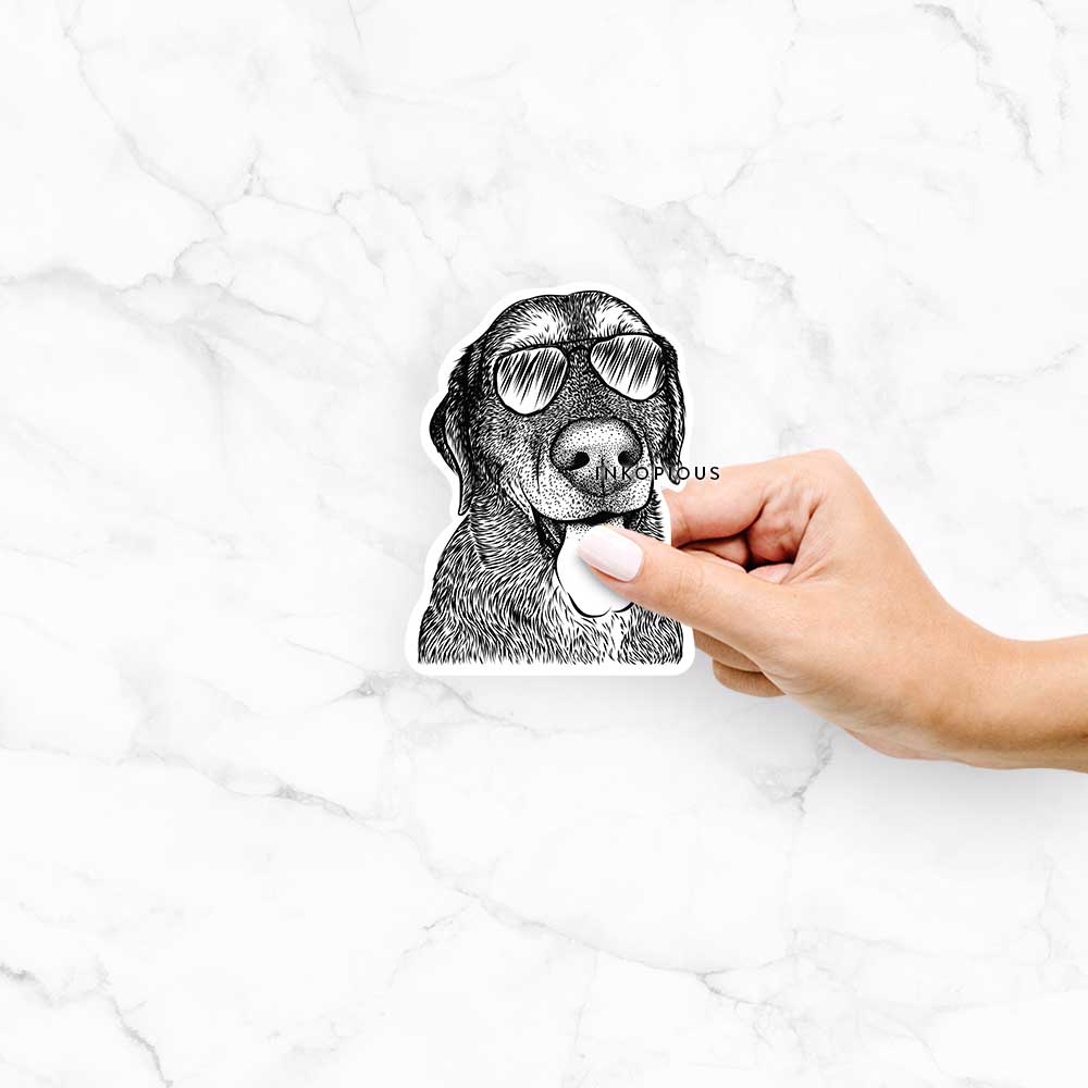 Hand-drawn sketch of Max the Labrador Retriever wearing aviator sunglasses on a Max Lab decal sticker