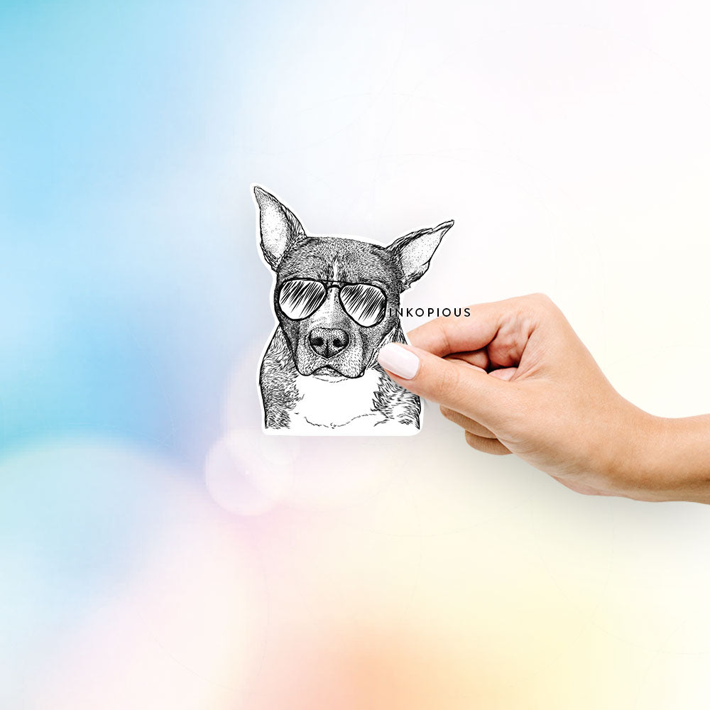 Hand-drawn sketch of Mercy the Pitbull wearing aviator sunglasses on a decal sticker
