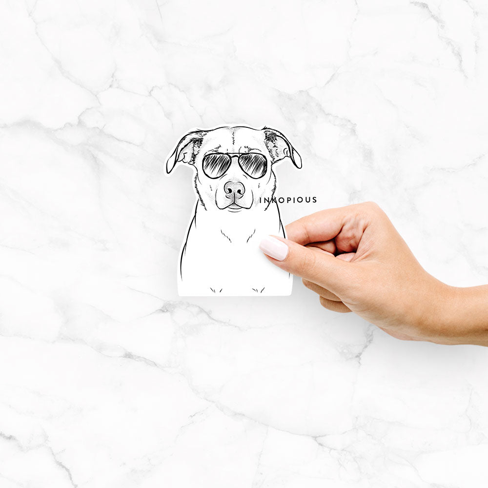 Hand-drawn sketch of Mica the Labrador Pitbull Mix wearing aviator sunglasses on a Mica Lab Pit Mix decal sticker