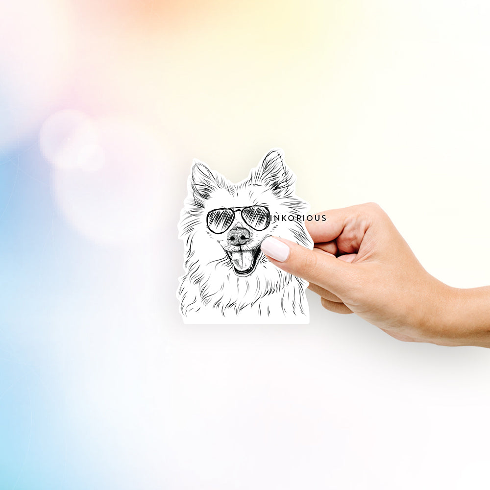 Hand-drawn sketch of Miki the American Eskimo wearing aviator sunglasses on a decal sticker