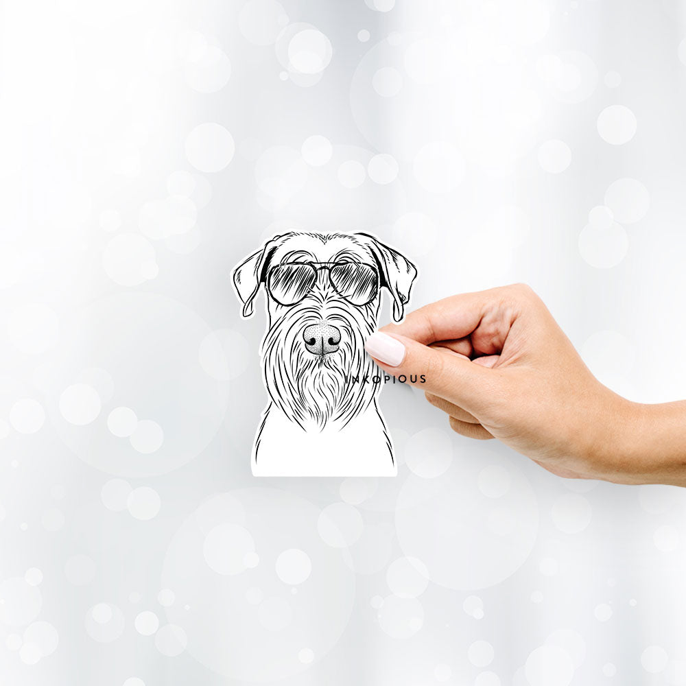 Hand-drawn sketch of Milton the Standard Schanuzer wearing aviator sunglasses on a decal sticker