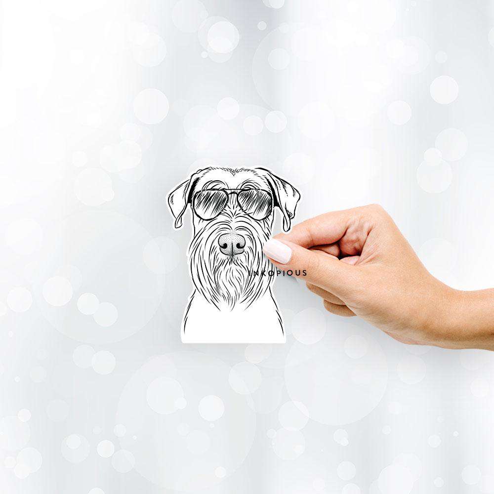 Hand-drawn sketch of Milton the Standard Schnauzer wearing aviator sunglasses on a decal sticker
