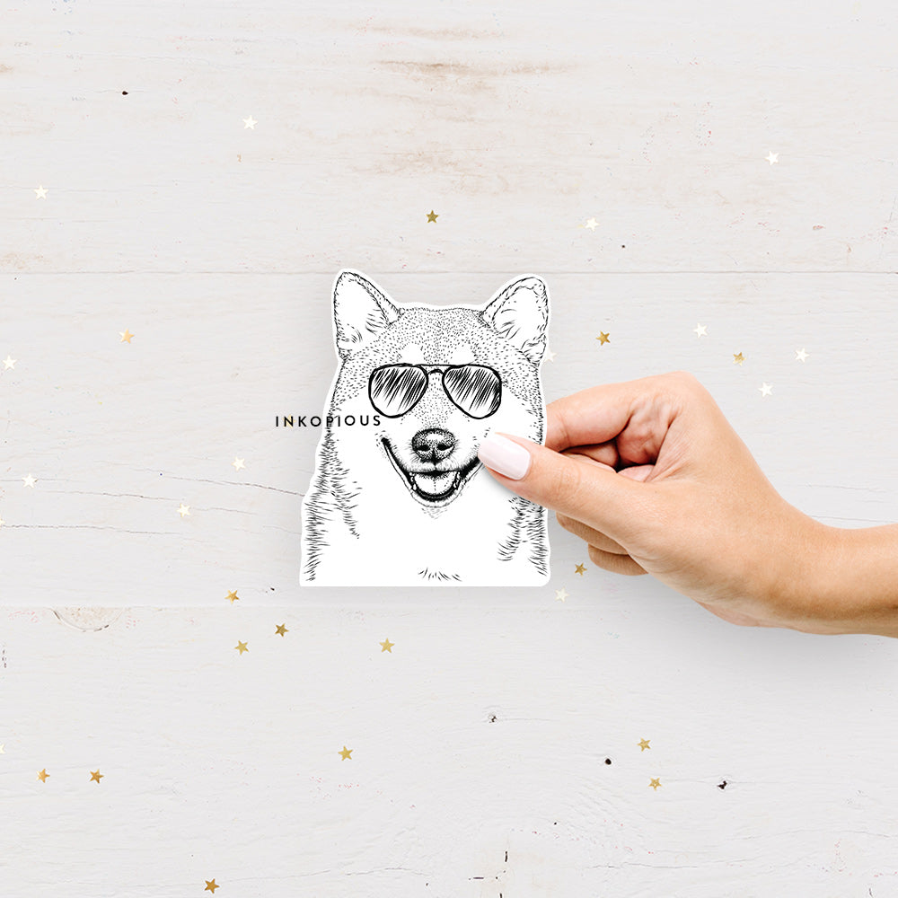 Hand-drawn sketch of Mitsu the Shiba Inu wearing aviator sunglasses on a decal sticker