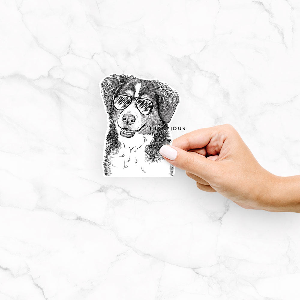 Hand-drawn sketch of Molly the Miniature Bernedoodle wearing aviator sunglasses on a Molly Bernedoodle decal sticker