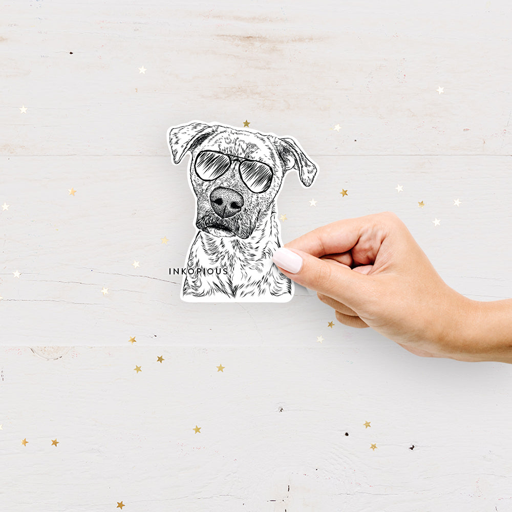 Hand-drawn sketch of Monster Baby the Pitbull Mix wearing aviator sunglasses on a Sticker decal sticker