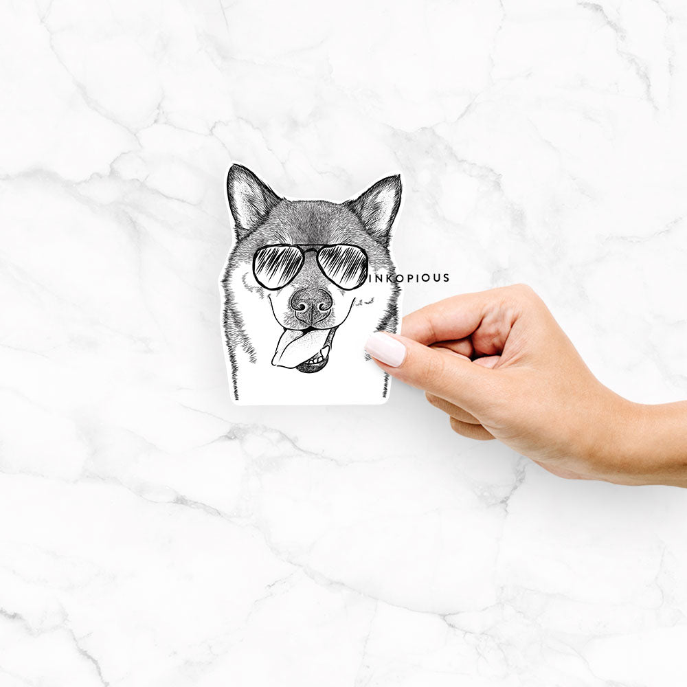 Hand-drawn sketch of Mothra the Shiba Inu wearing aviator sunglasses on a Mothra Shiba decal sticker