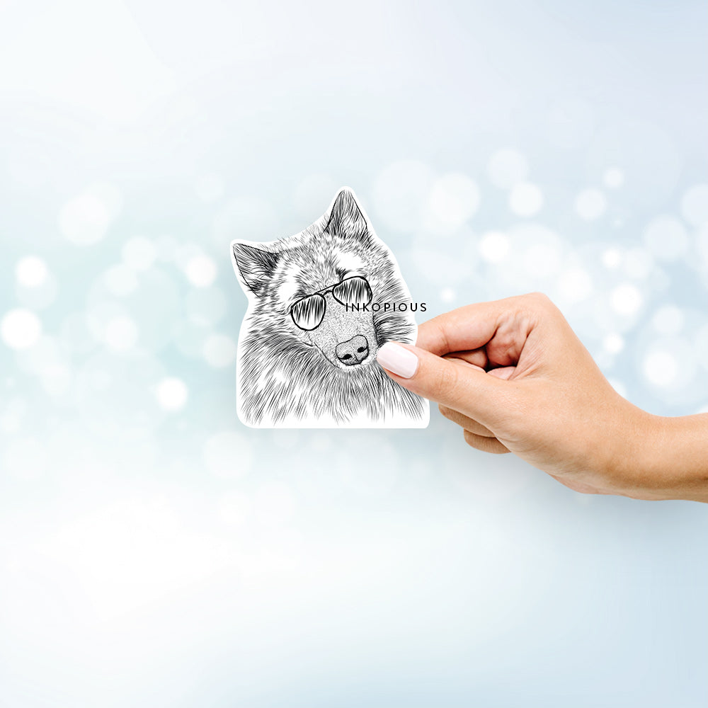 Hand-drawn sketch of Mr. Maverick the Keeshond wearing aviator sunglasses on a Mr Maverick decal sticker
