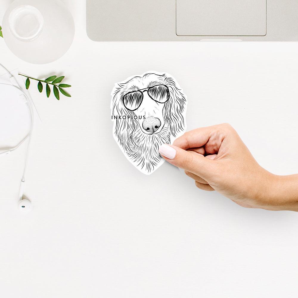 Hand-drawn sketch of Mr. Rusty the Longhaired Dachshund wearing aviator sunglasses on a Mr Rusty decal sticker