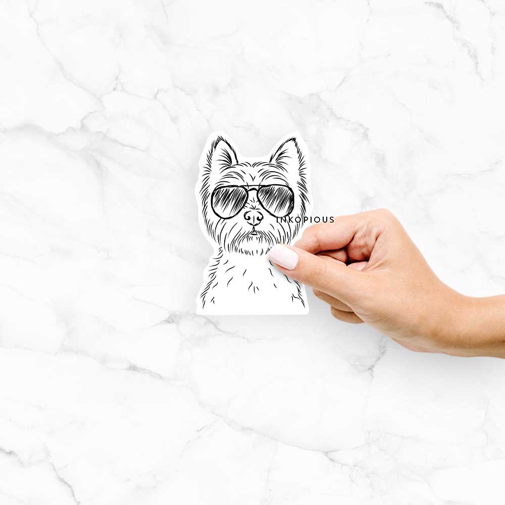 Hand-drawn sketch of Murphy the West Highland Terrier wearing aviator sunglasses on a decal sticker