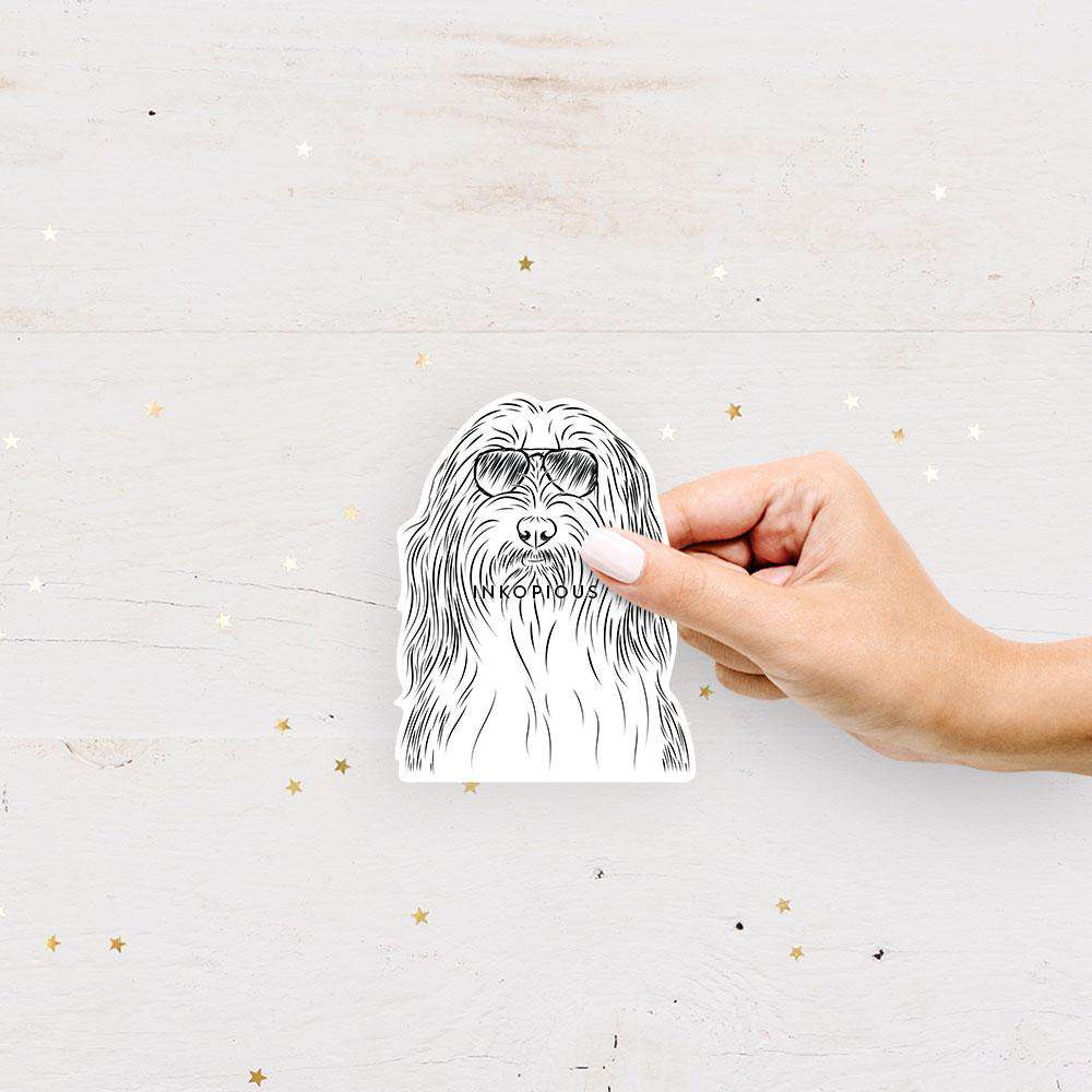Hand-drawn sketch of Murray the Bearded Collie wearing aviator sunglasses on a BCollie decal sticker