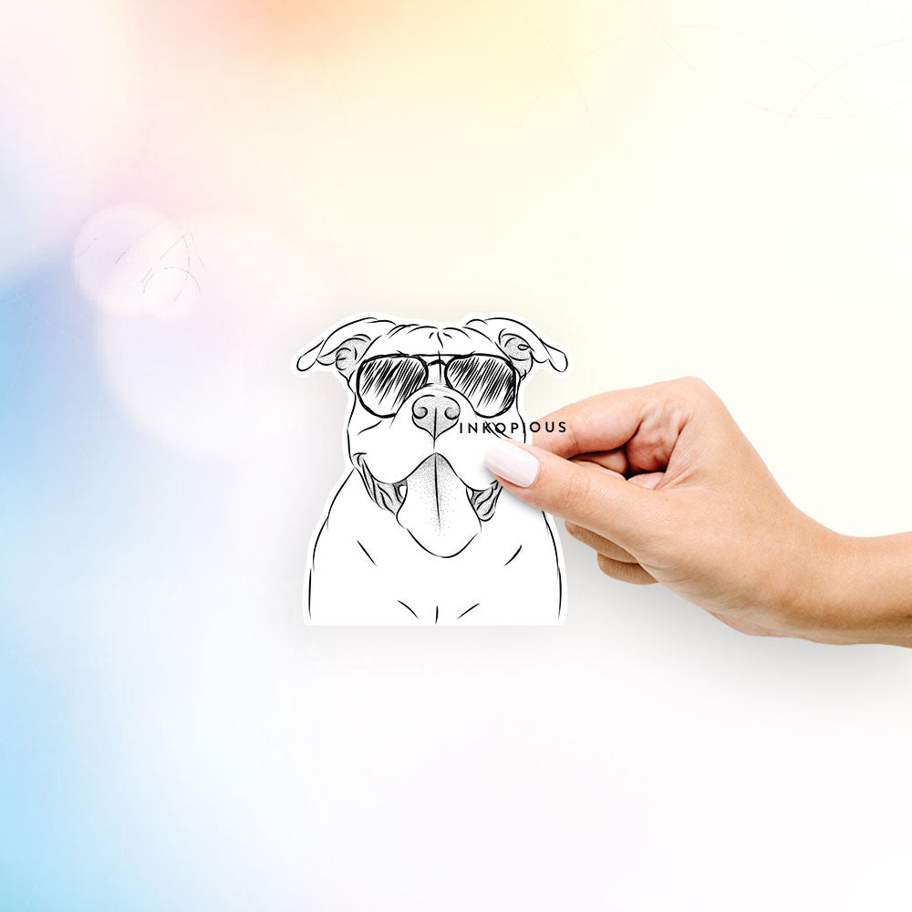 Hand-drawn sketch of Nacho the American Bully wearing aviator sunglasses on a decal sticker