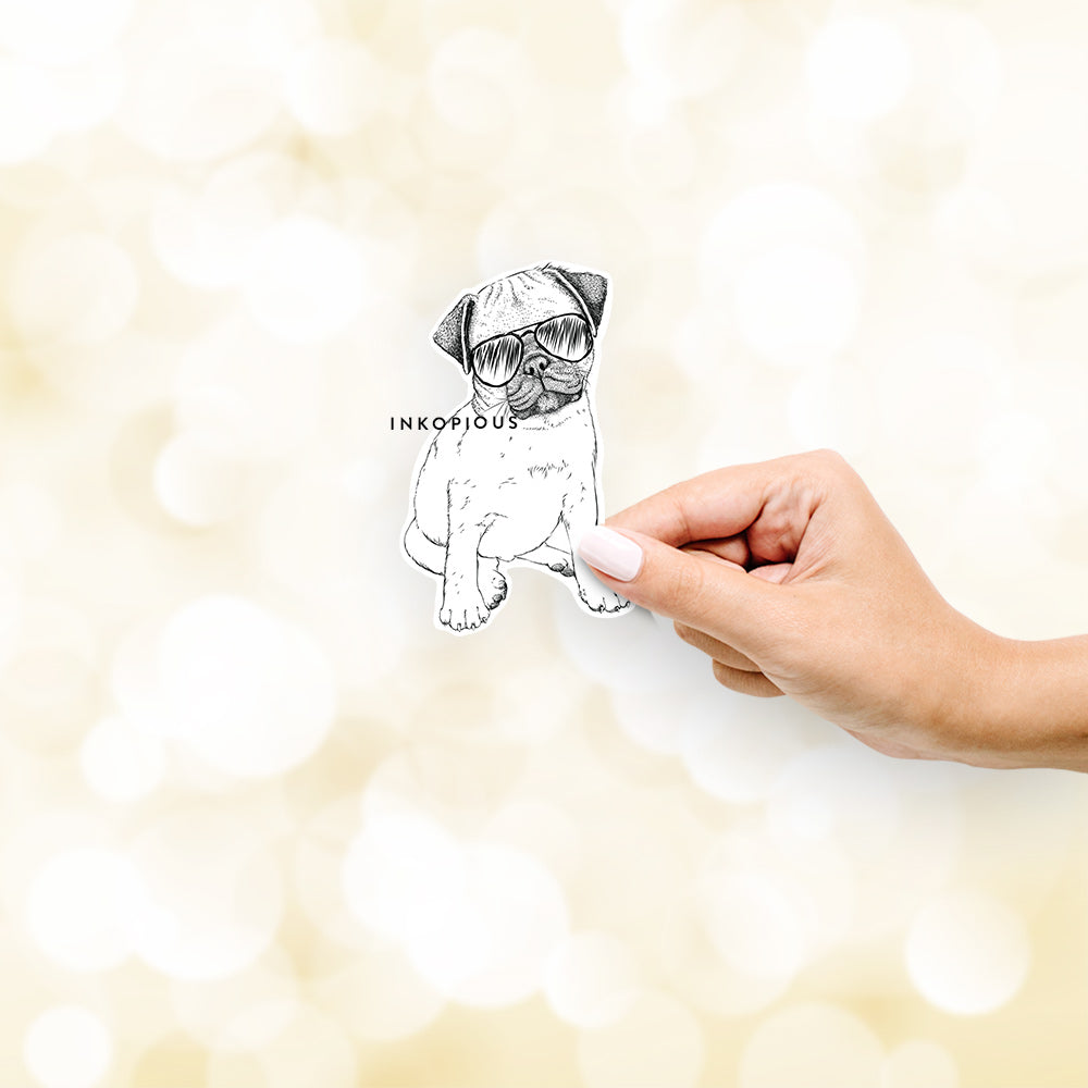 Hand-drawn sketch of Nelson the Pug wearing aviator sunglasses on a decal sticker